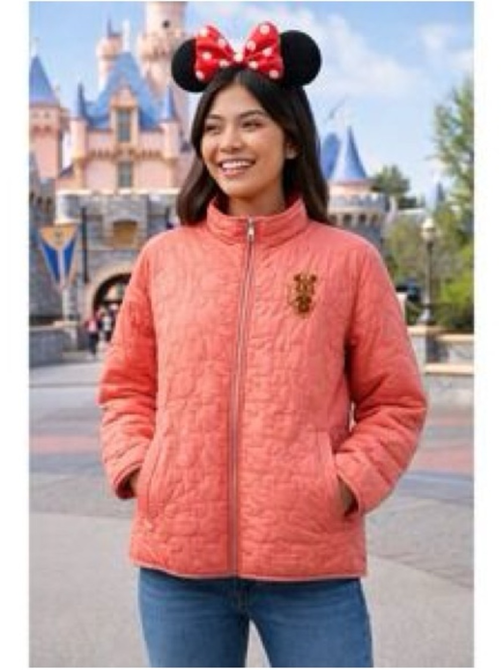 Disney Coral Quilted Puffer Jacket with Minnie Patch